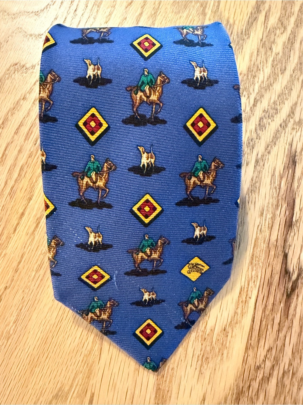 Vintage Burberrys Silk Tie Blue Equestrian Horse Hound Jockey - Made in Italy